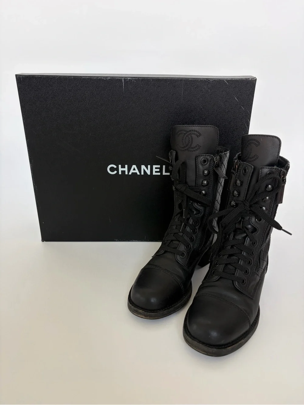 Chanel Iconic Logo Classic Calfskin Leather Diamond Stitch Combat Boots  size 37